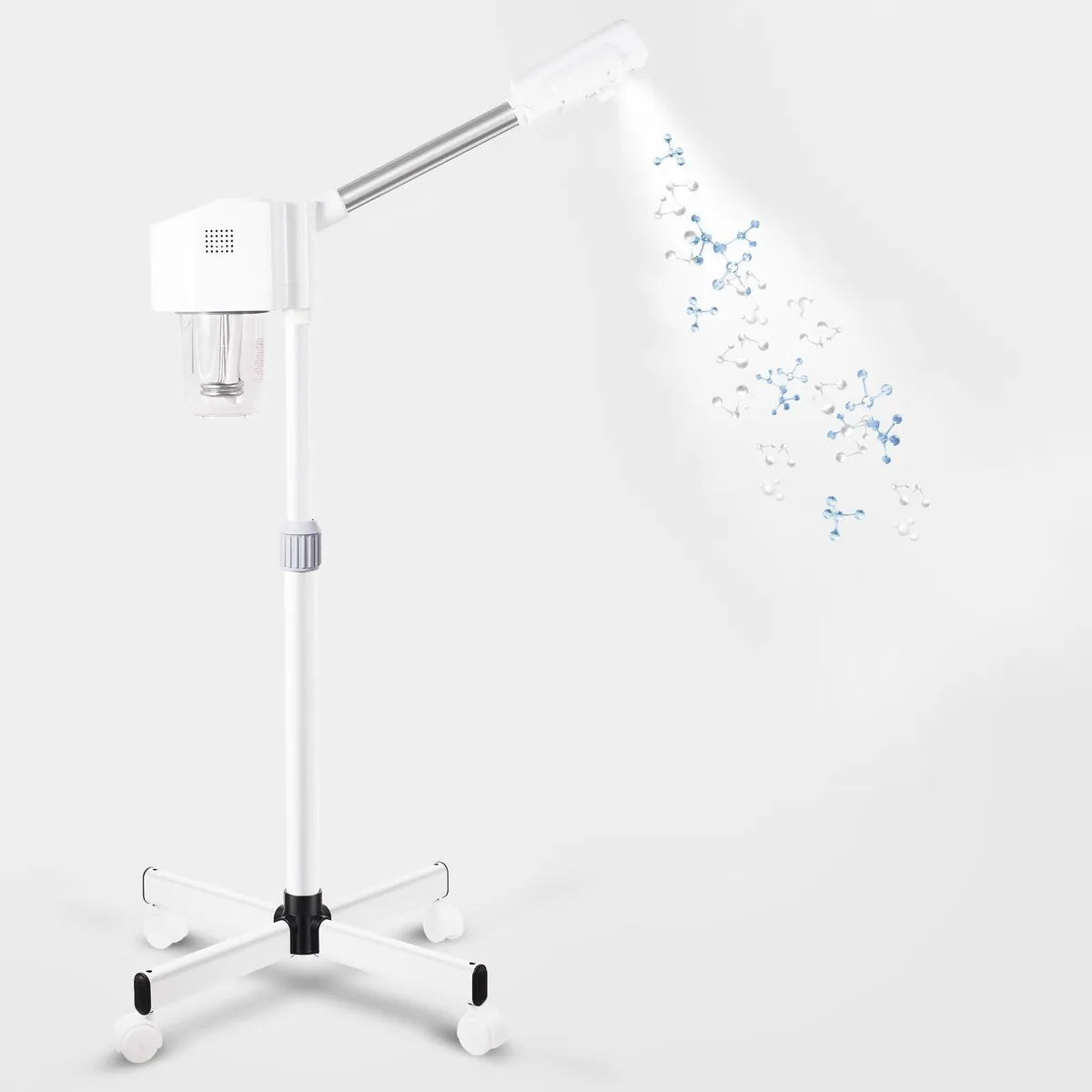 White freestanding facial steamer with tall vertical column and wide base, corded electric design
