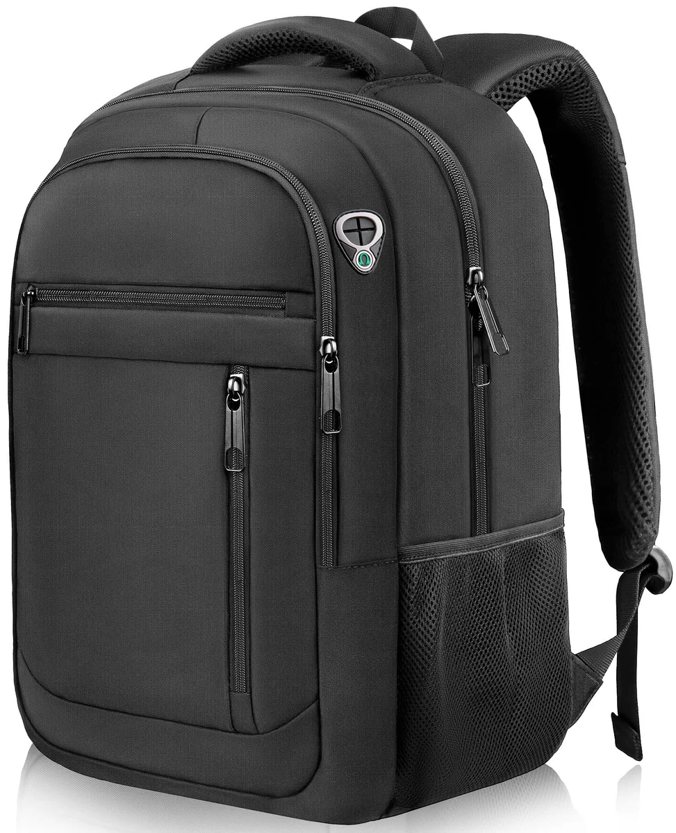 Black polyester laptop backpack, rectangular shape, padded back panel and shoulder straps