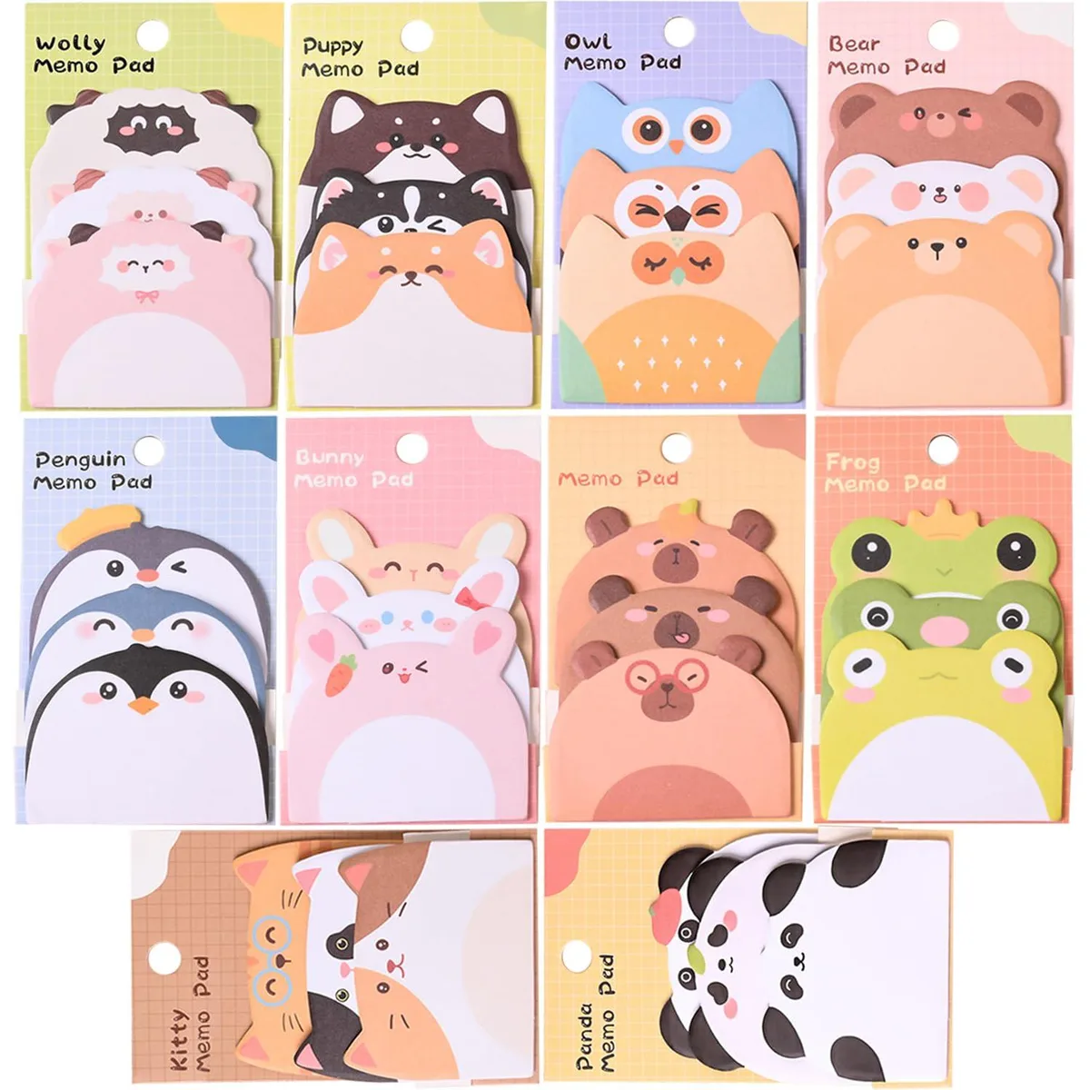 Ten small pads of cartoon animal sticky notes in bright colours, each sheet about 2.4 by 1.8 inches