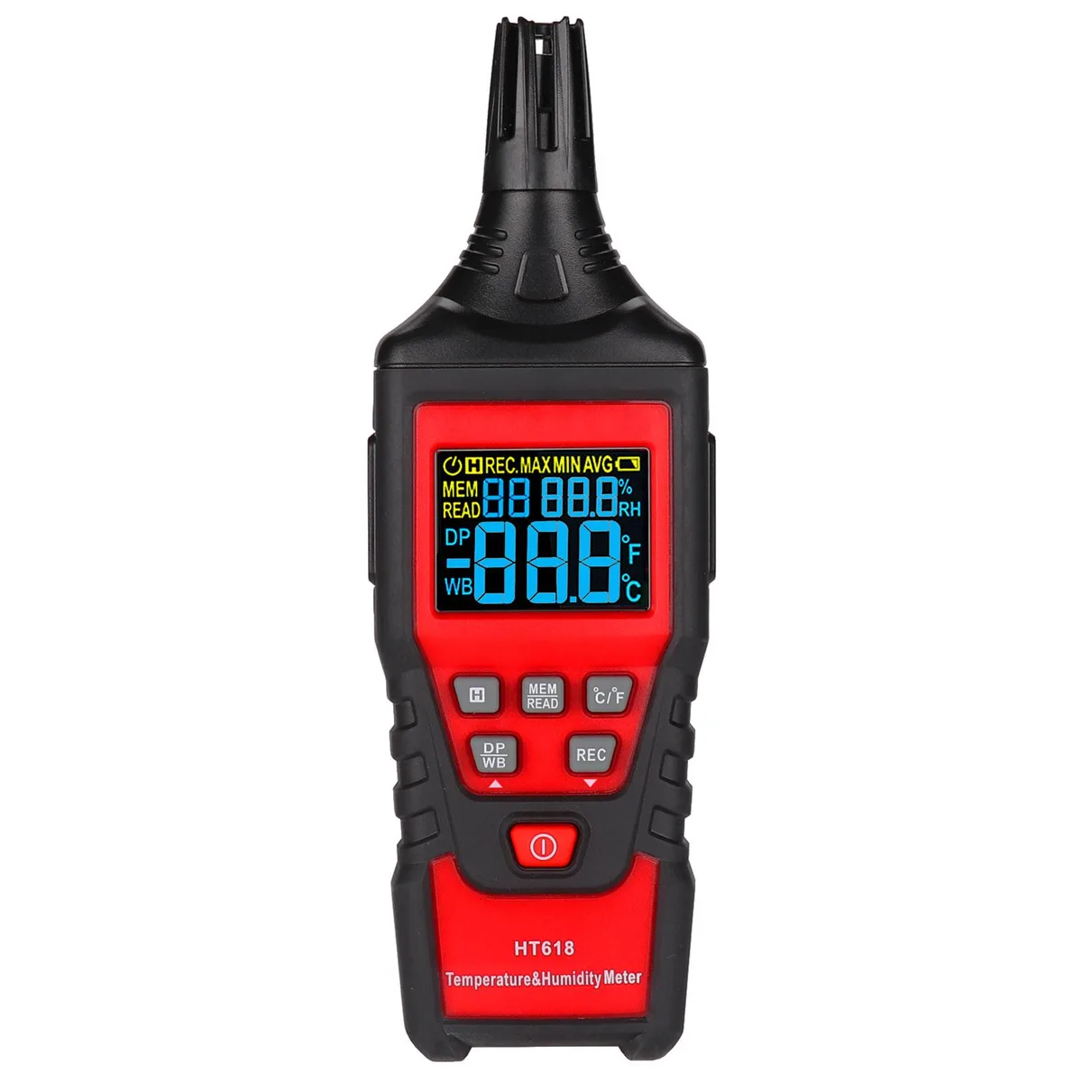 Handheld digital thermo-hygrometer with colour LCD backlight, grey plastic body