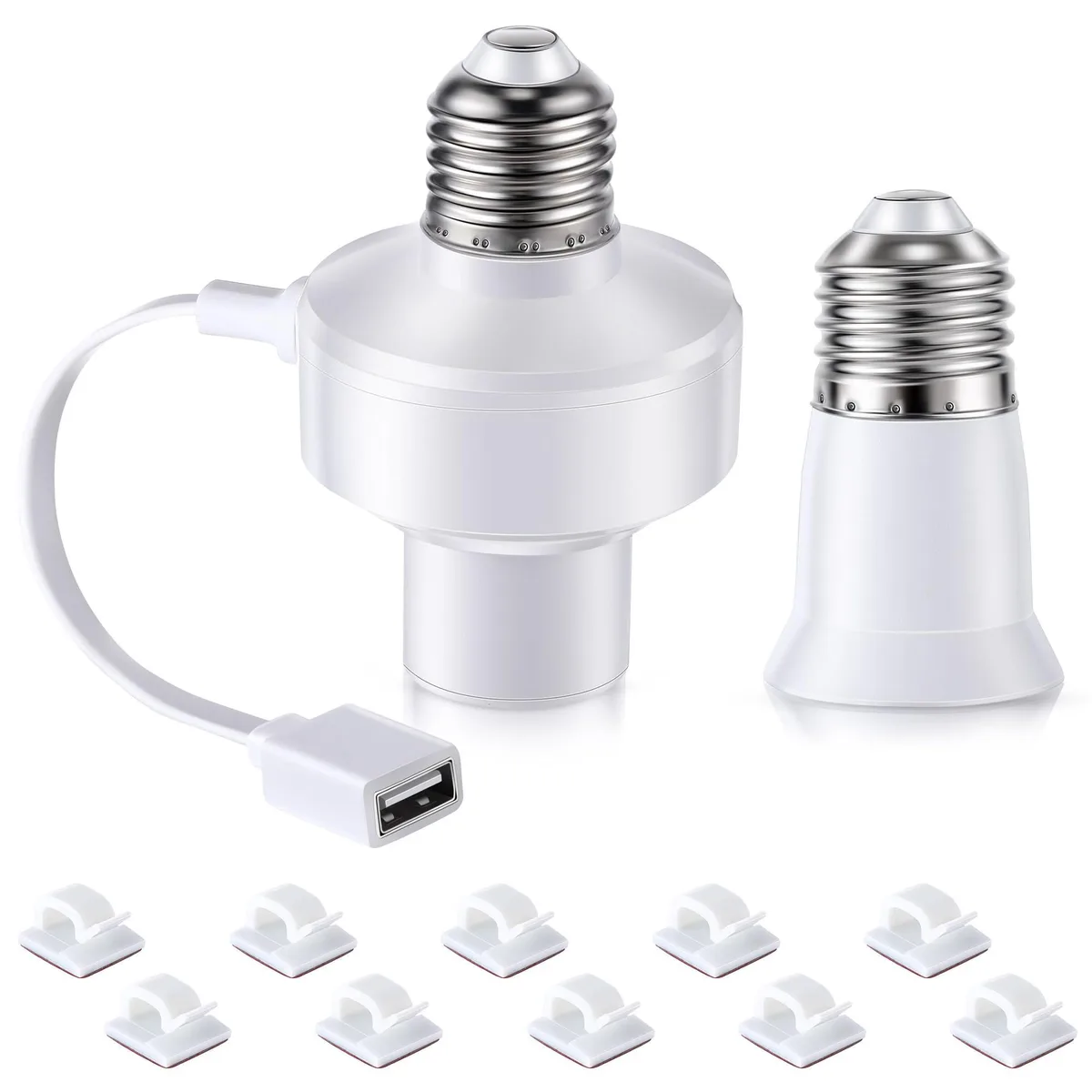 White plastic E26 light socket adapter with USB port, screw-in base, compact rectangular body