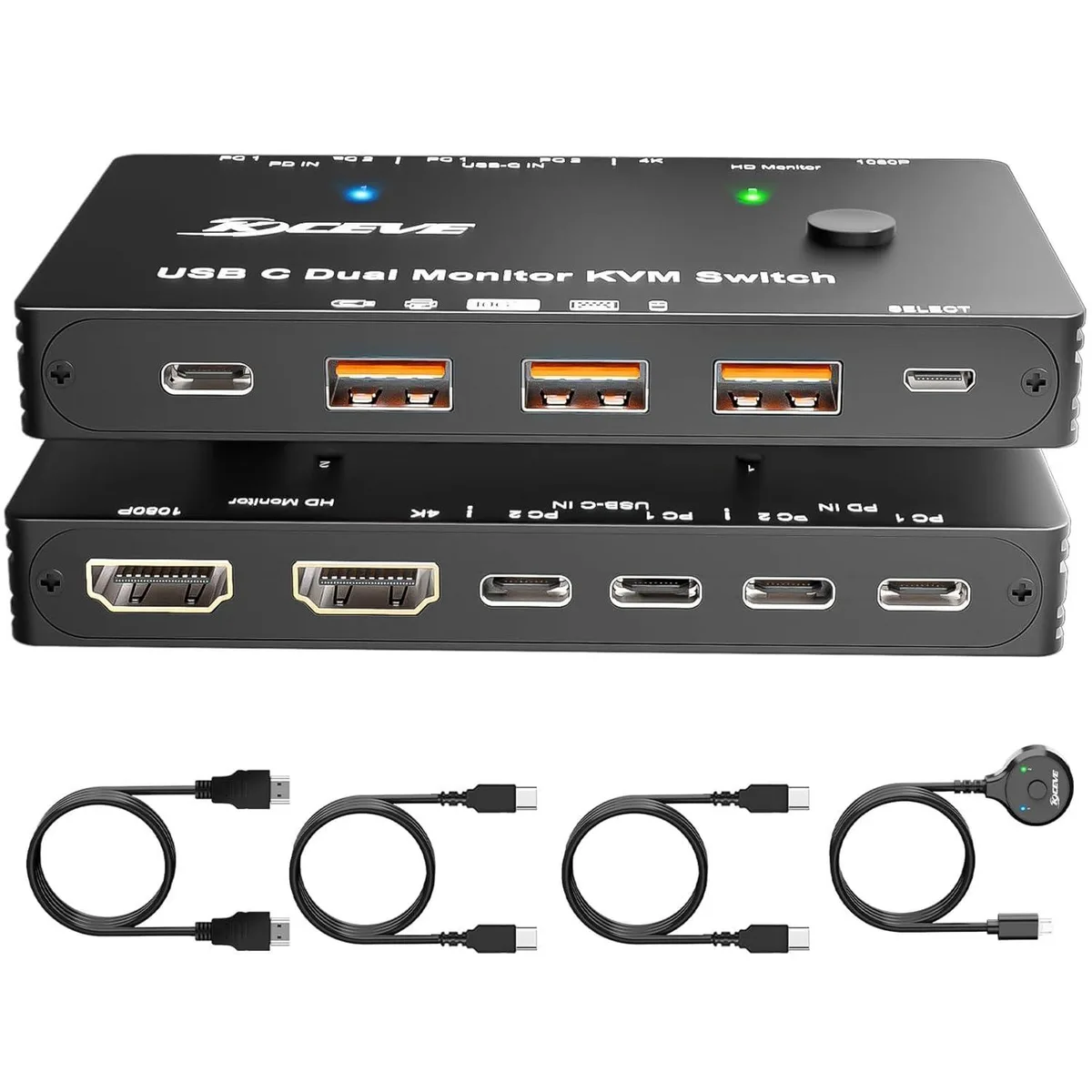 WRIARICH WRIARICH KVM202TCC USB-C Dual Monitor KVM Switch 4K/1080P@60Hz 100W PD 10Gbps USB 3.0 Wired Remote — product photo