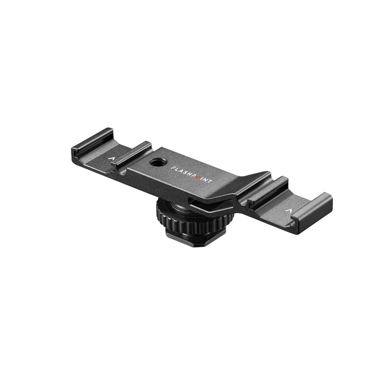 Small black metal bracket with two cold shoe mounts side by side