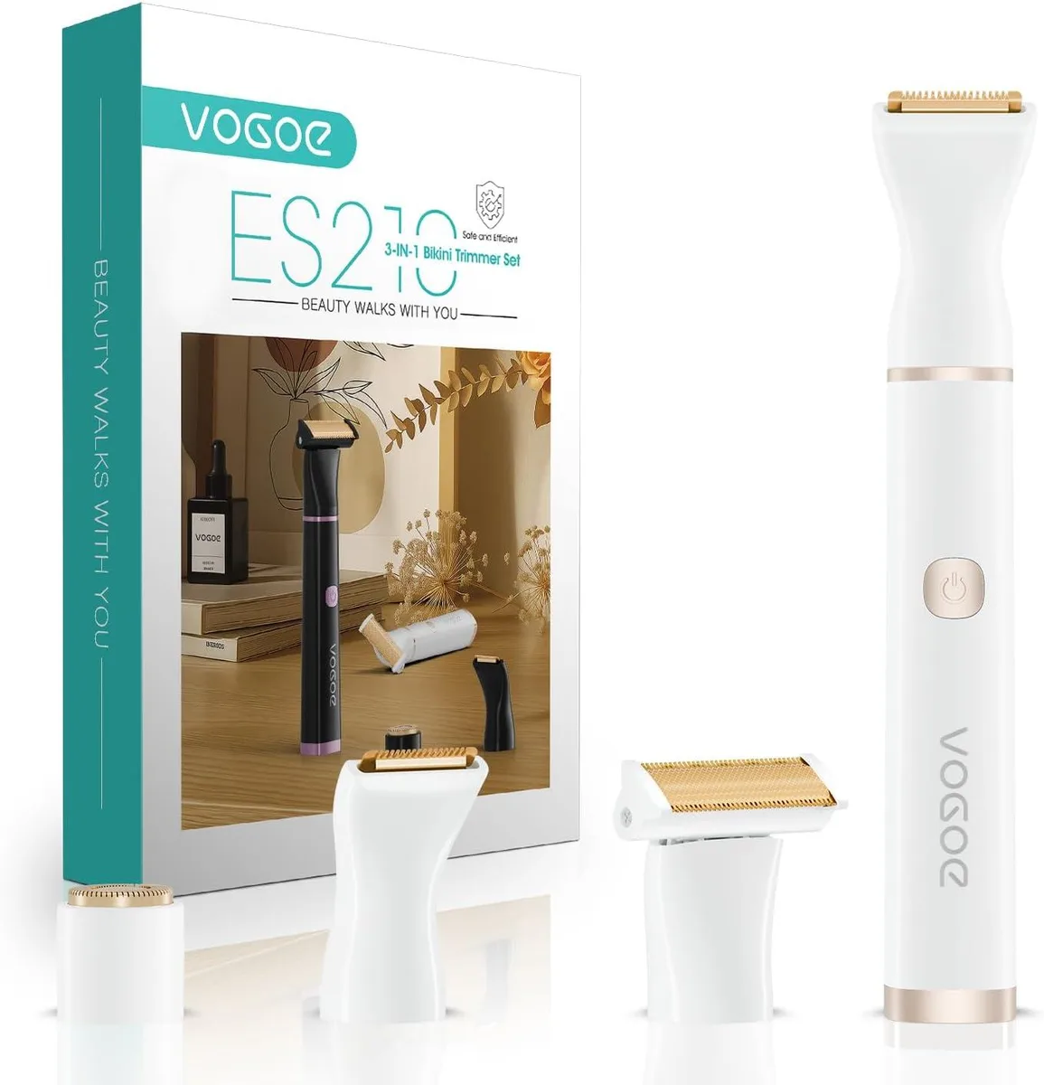 White cordless trimmer pen with three interchangeable heads