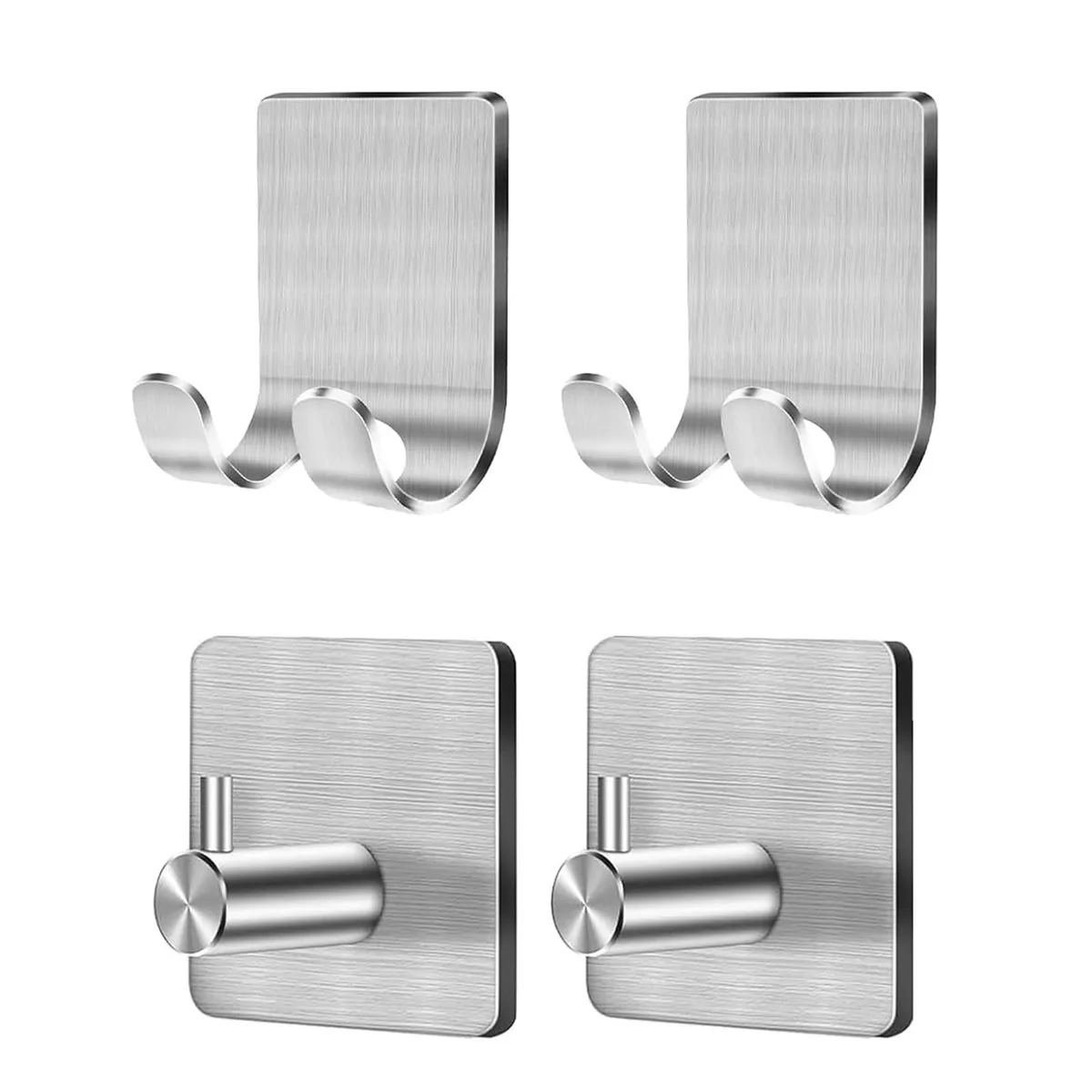 Four brushed stainless steel adhesive hooks in a pack
