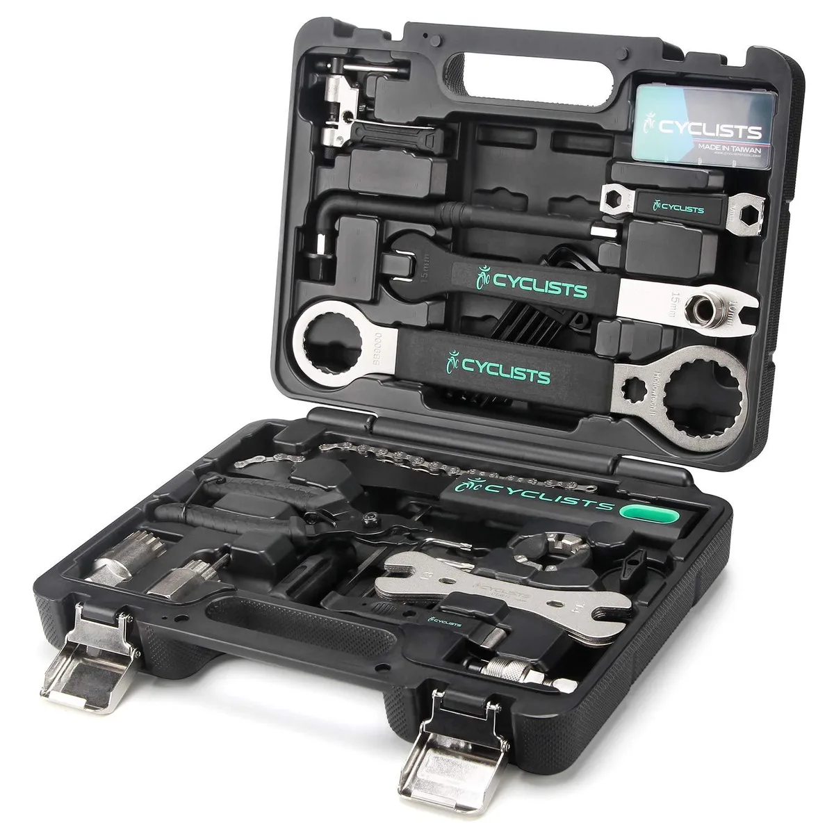 Blue hard plastic case containing a 23-piece bicycle tool kit with wrenches, pliers, screwdrivers and patch kit