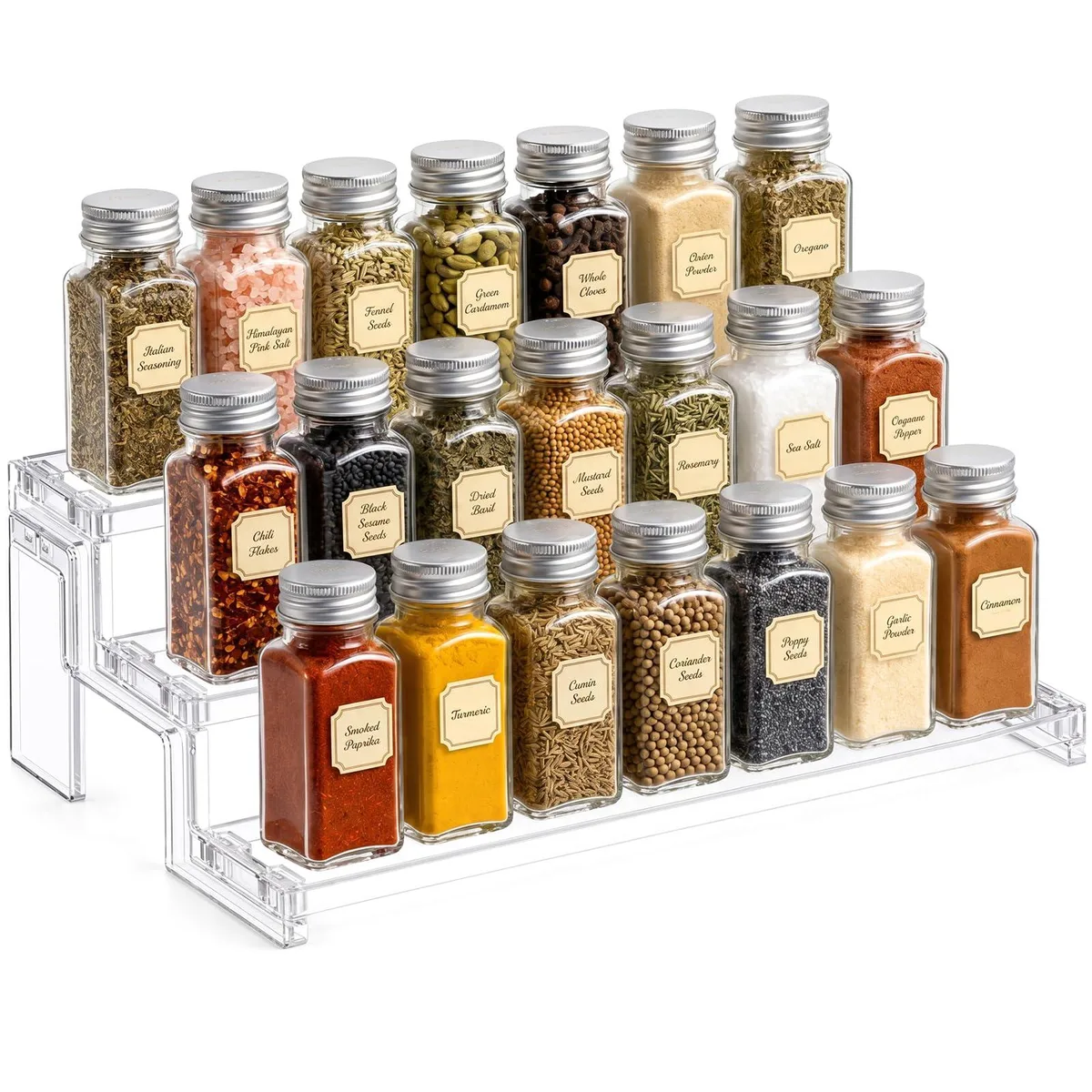 Clear three-tier PET riser, 14 inches wide, holds 21 bottles or 15 cupcakes