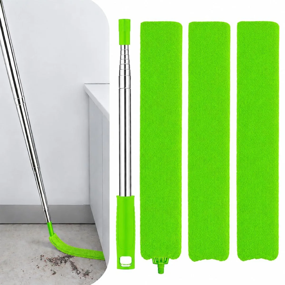  Retractable Gap Dust Cleaner 30 to 100 inch with 3 Microfiber Cloths Green — product photo