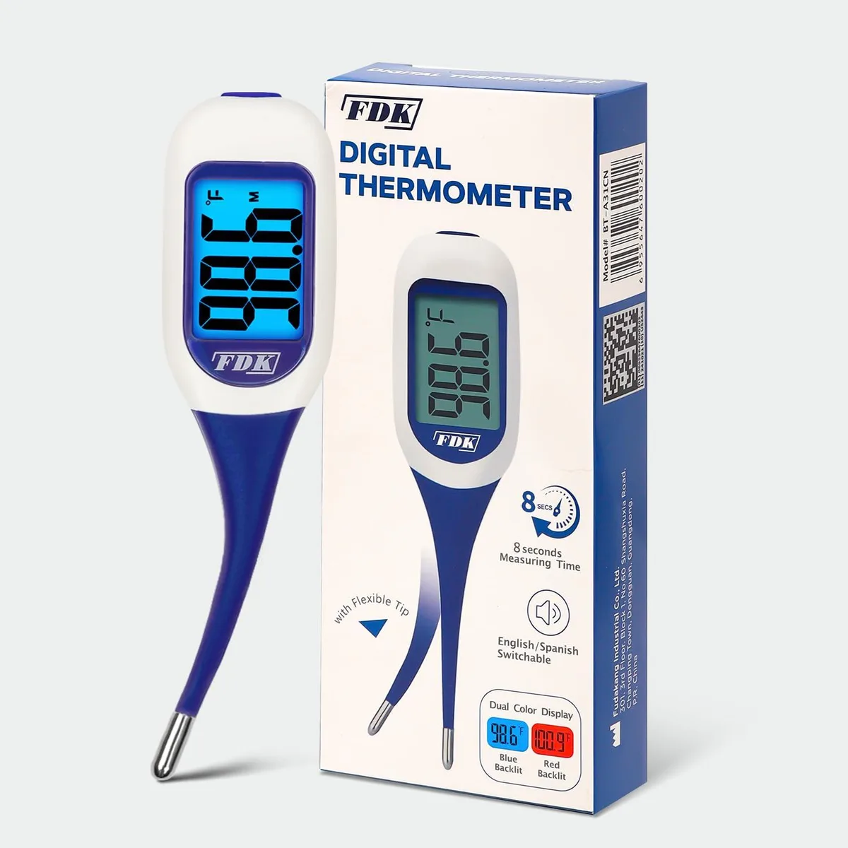 White digital thermometer with flexible tip and large LCD showing blue or red backlight