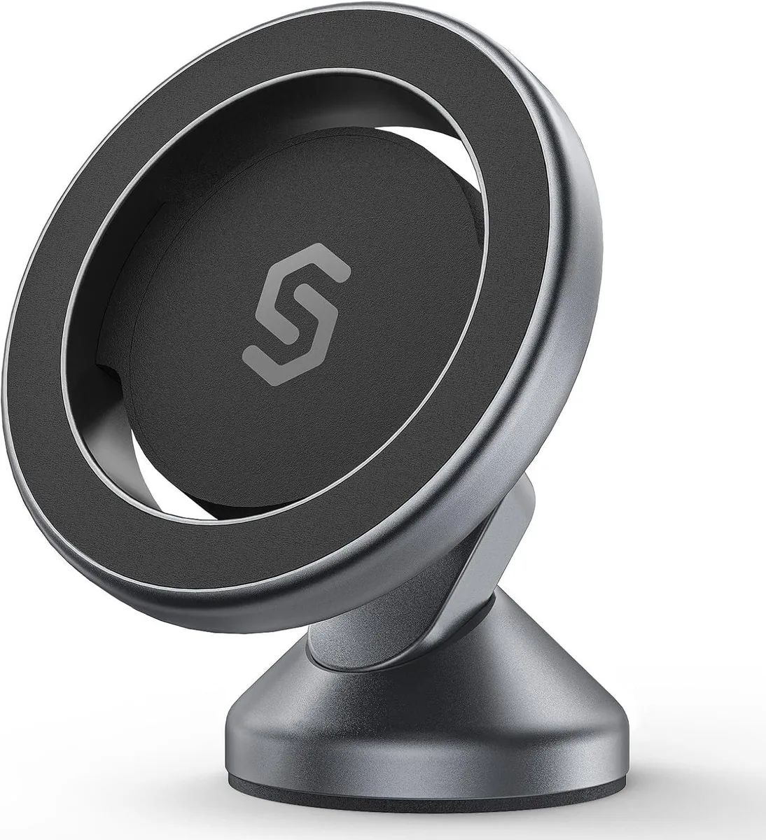 Space Gray MagSafe dashboard phone mount with circular magnetic base and adjustable arm