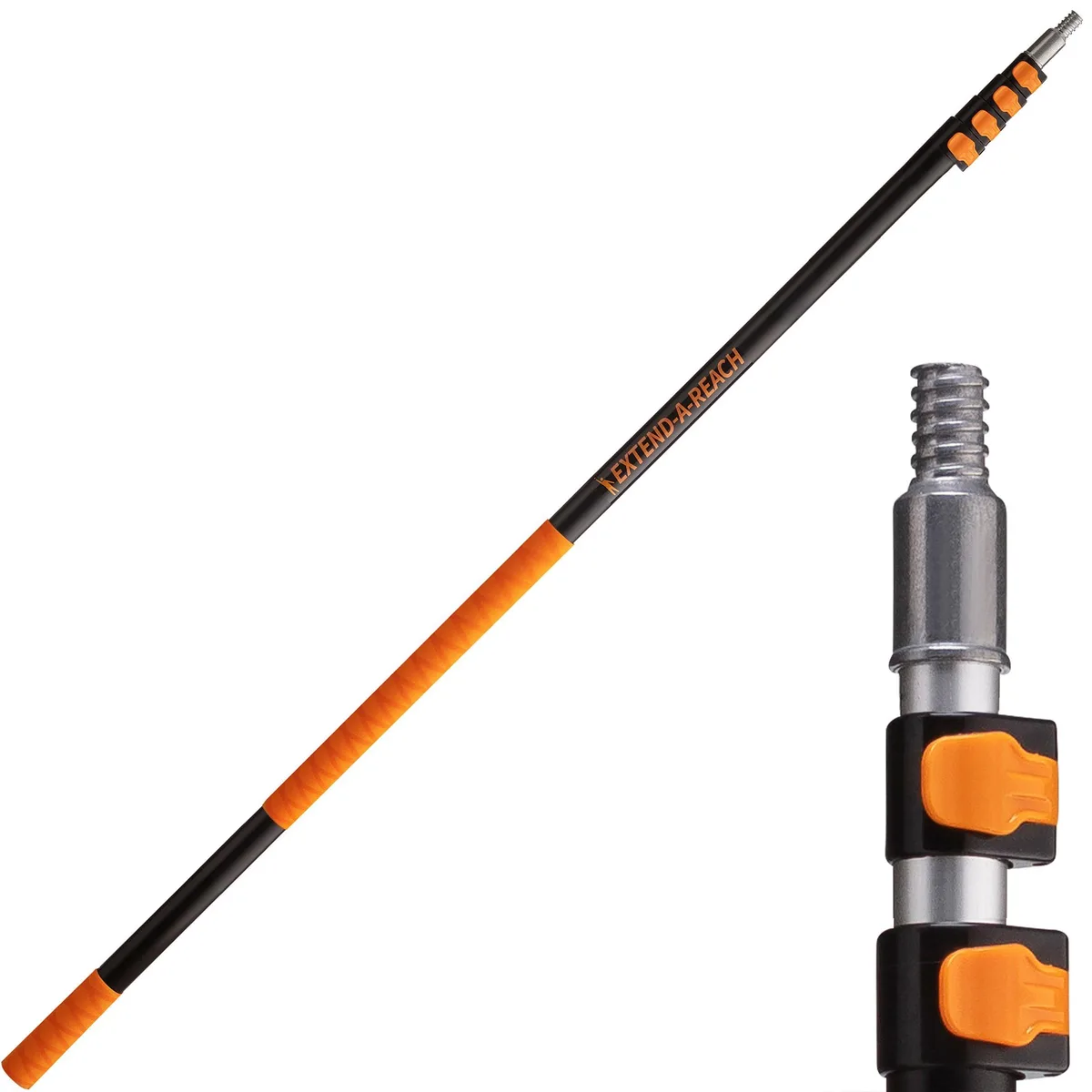 Black telescopic extension pole collapsed to compact length with orange accents and metal tip