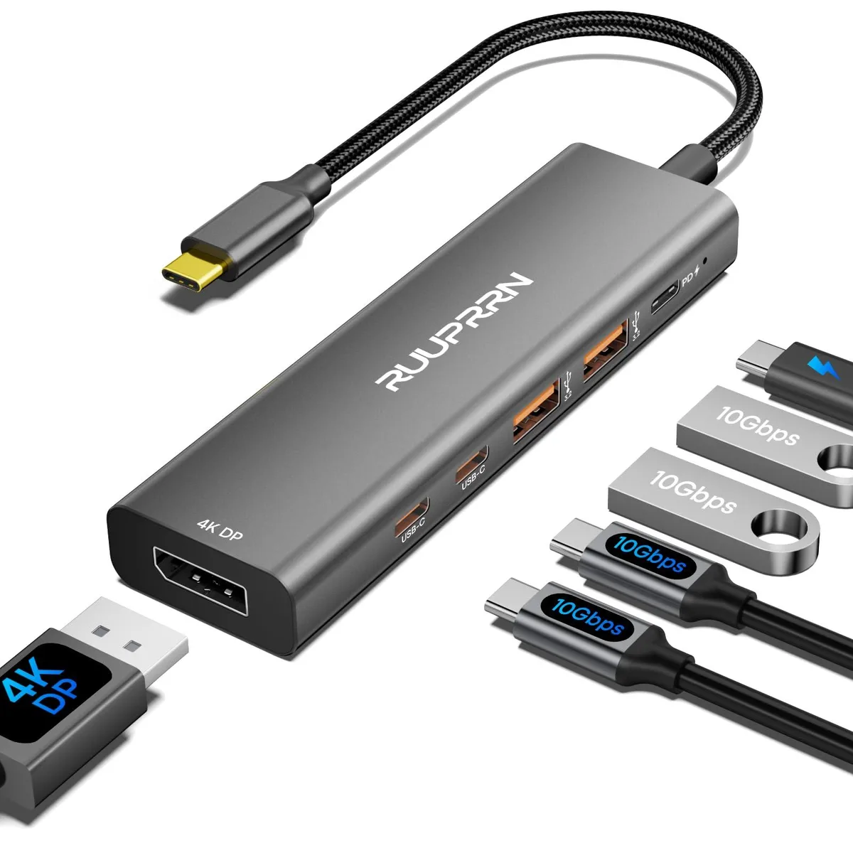 Compact grey USB-C hub with DisplayPort, two USB-C and two USB-A ports