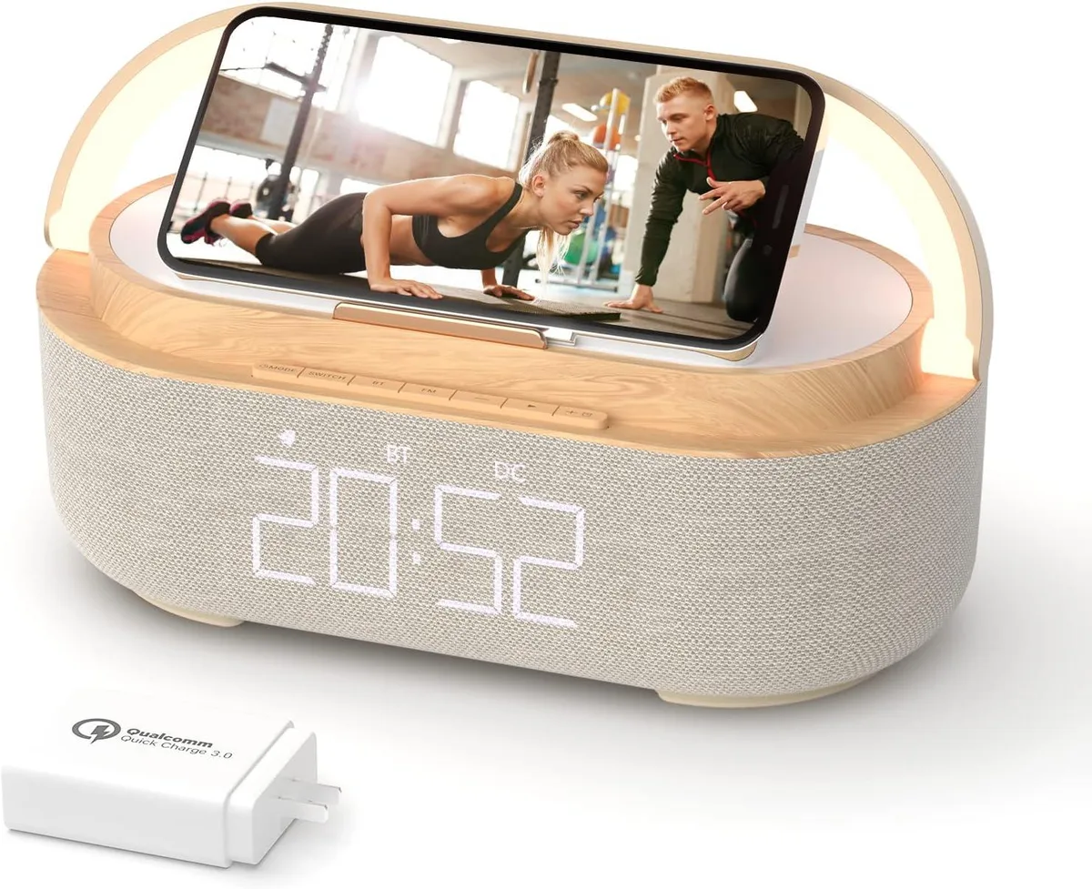 KEHIPI KEHIPI Digital Alarm Clock 15W Wireless Charger 2500mAh Bluetooth 5.0 FM Radio Wooden — product photo