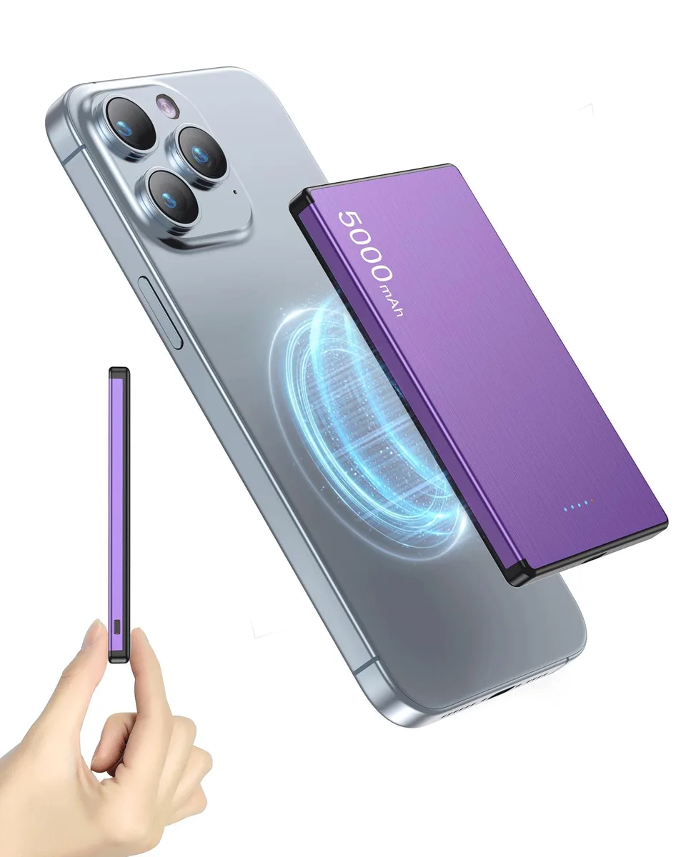 Purple slim power bank with magnetic back and USB-C cable