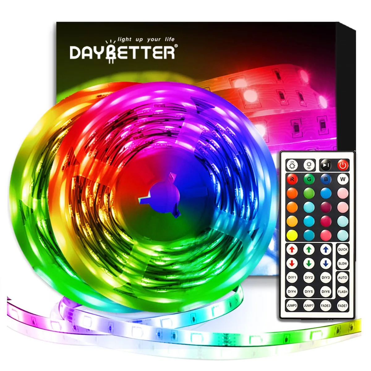 Two 16.4ft copper-finish LED strips on reels with controller box, IR remote and power adapter