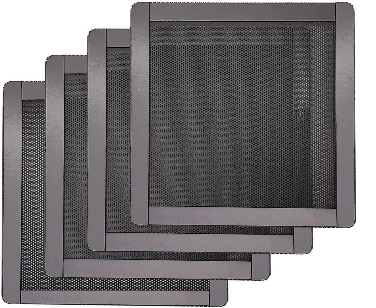 Four black 120 mm square magnetic dust filters with ultra-fine PVC mesh