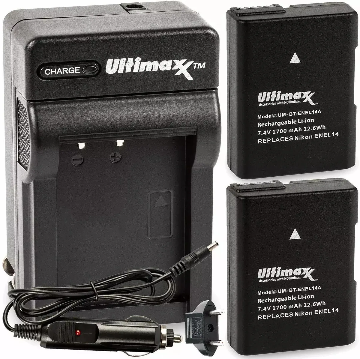 Ultimaxx Ultimaxx Travel Charger + 2× Replacement Battery for Nikon EN-EL14a 1700 mAh — product photo