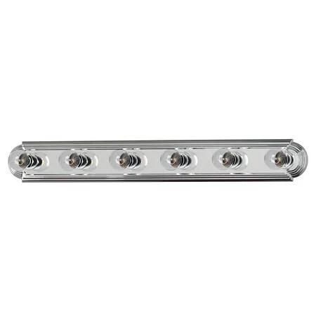 Polished chrome 36-inch vanity bar with six exposed sockets