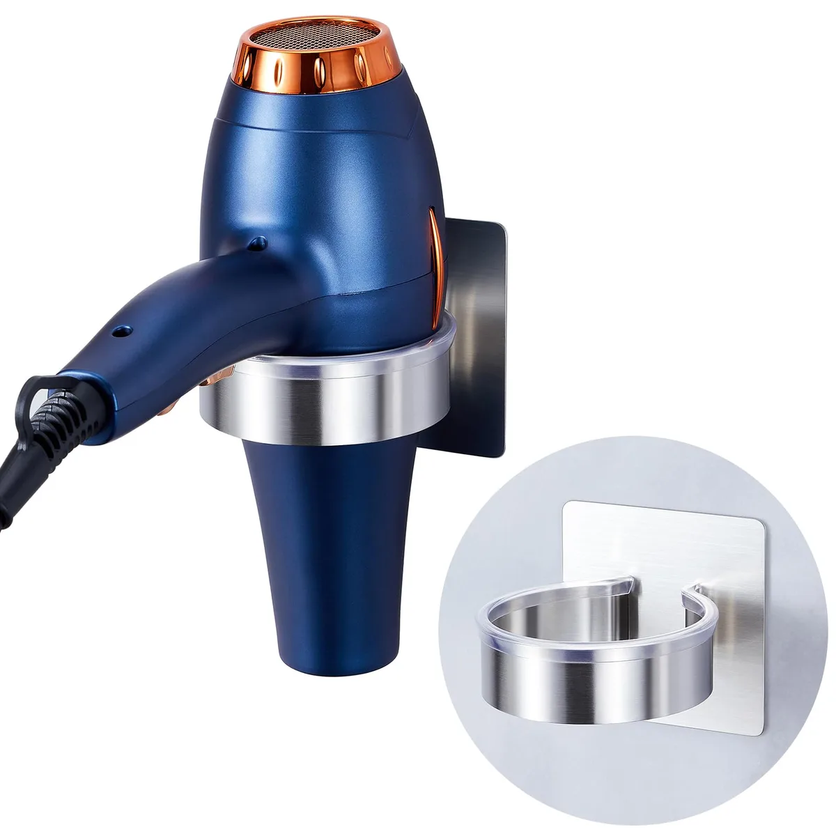 Silver metal wall-mounted hair dryer holder with open cradle and adhesive backing