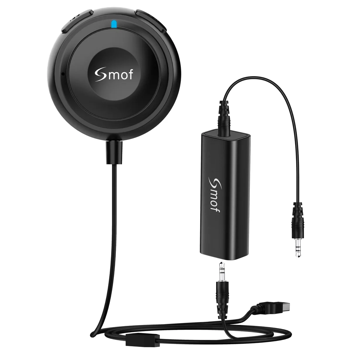 Small rectangular black plastic Bluetooth adapter with 3.5mm jack and built-in microphone