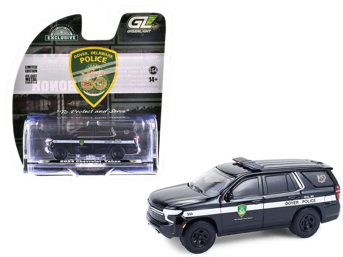 GREENLIGHT GREENLIGHT 2024 Chevrolet Tahoe Police Pursuit Dover Police 100th Anniversary 1/64 Diecast — product photo