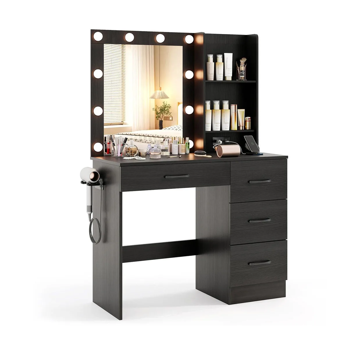 SlickBlue SlickBlue Vanity Desk 3-Color Lights Power Outlets White/Black 37" x 16" x 54.5 — product photo