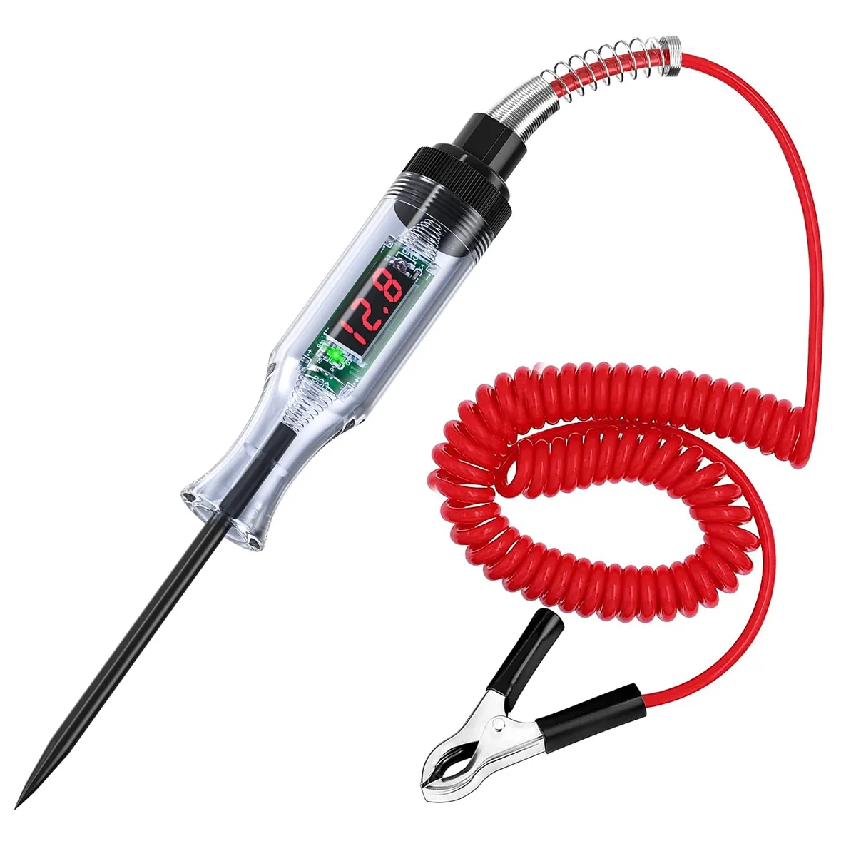 Handheld digital fuse tester, red ABS body, coiled 87-inch spring cable, LED display