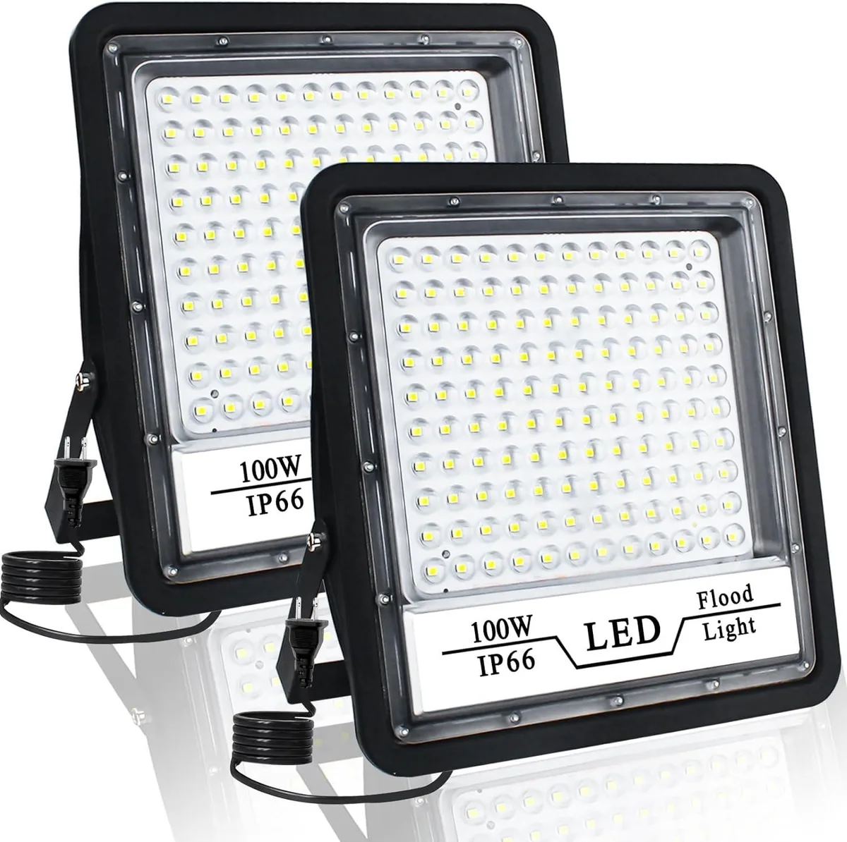 Two black rectangular LED floodlights with glass lenses and adjustable brackets, 1.5 m cables with plugs