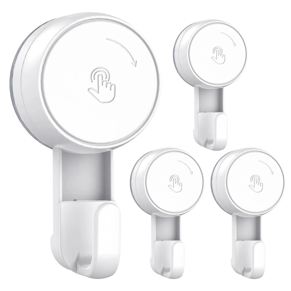 Four clear plastic suction hooks with rotating knobs on a smooth wall