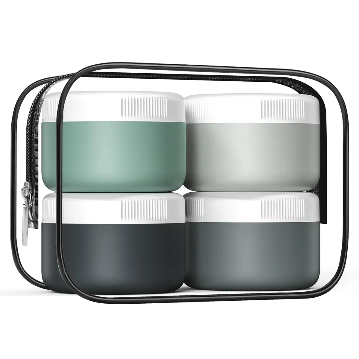Four grey silicone travel jars with lids and scoopers