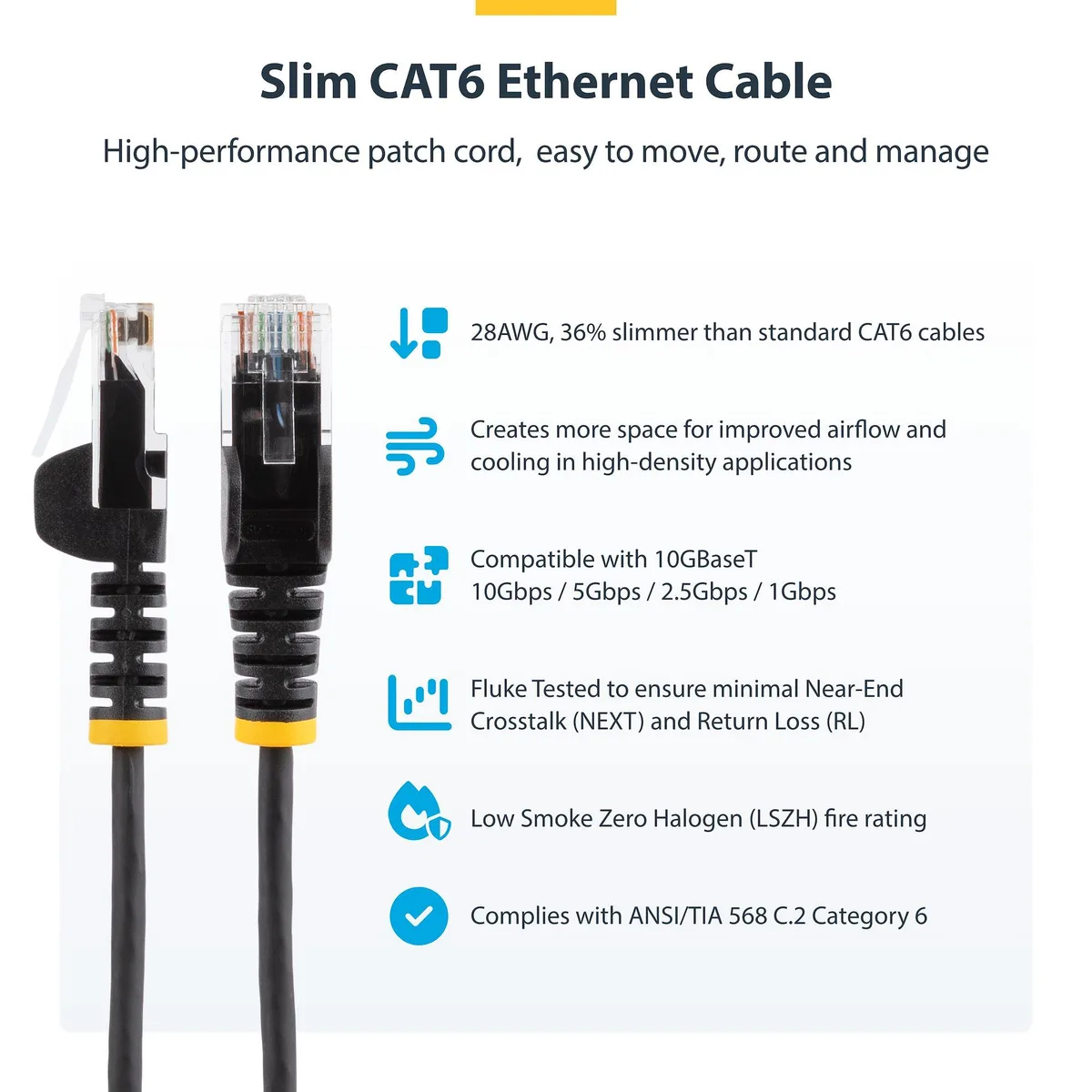 Black slim Cat6 ethernet cable, 30 feet, snagless RJ45 connectors