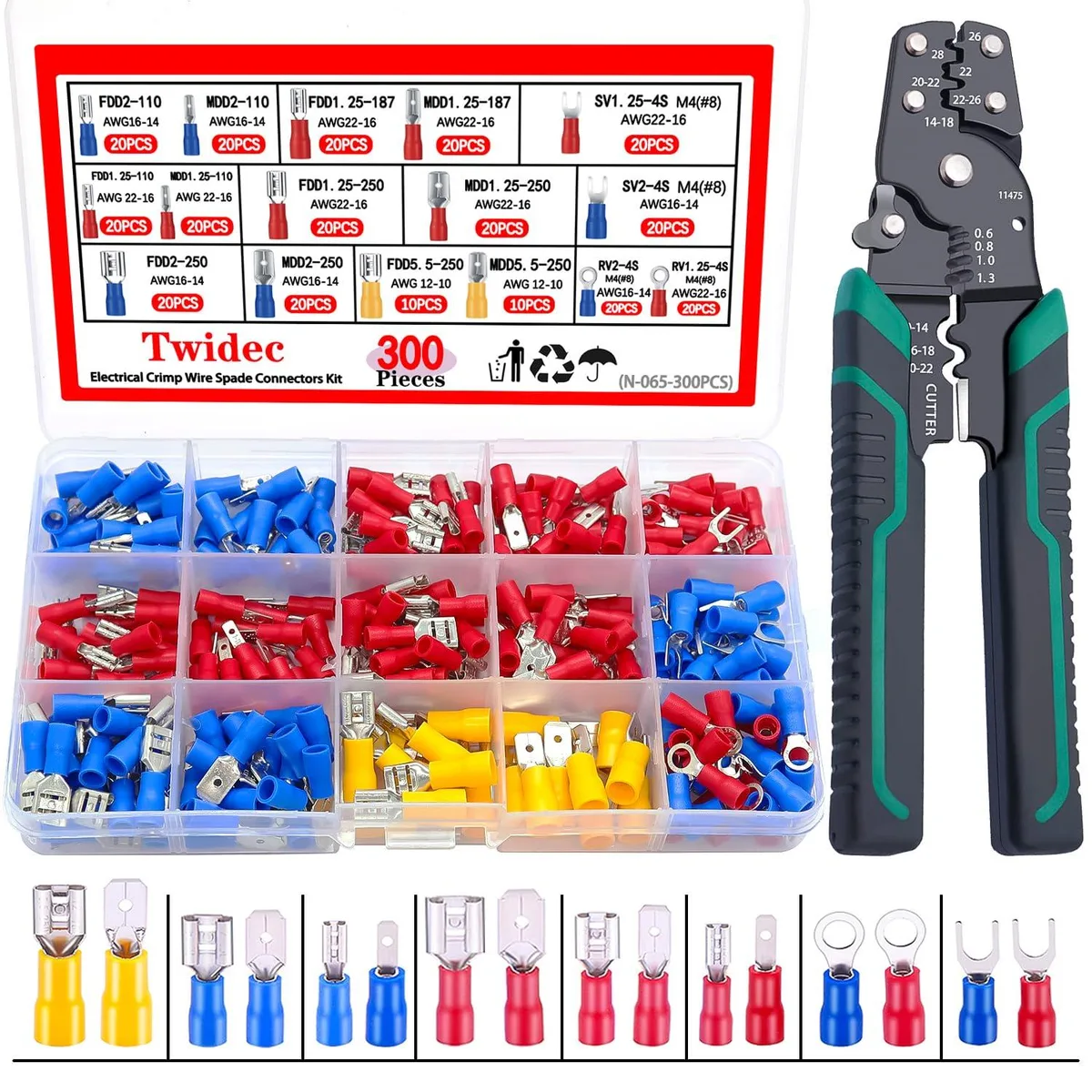 300PCS 16Types Spade Crimp Connectors 2.8mm/4.8mm/6.3mm Male Female Kit with Crimper Tool — product photo
