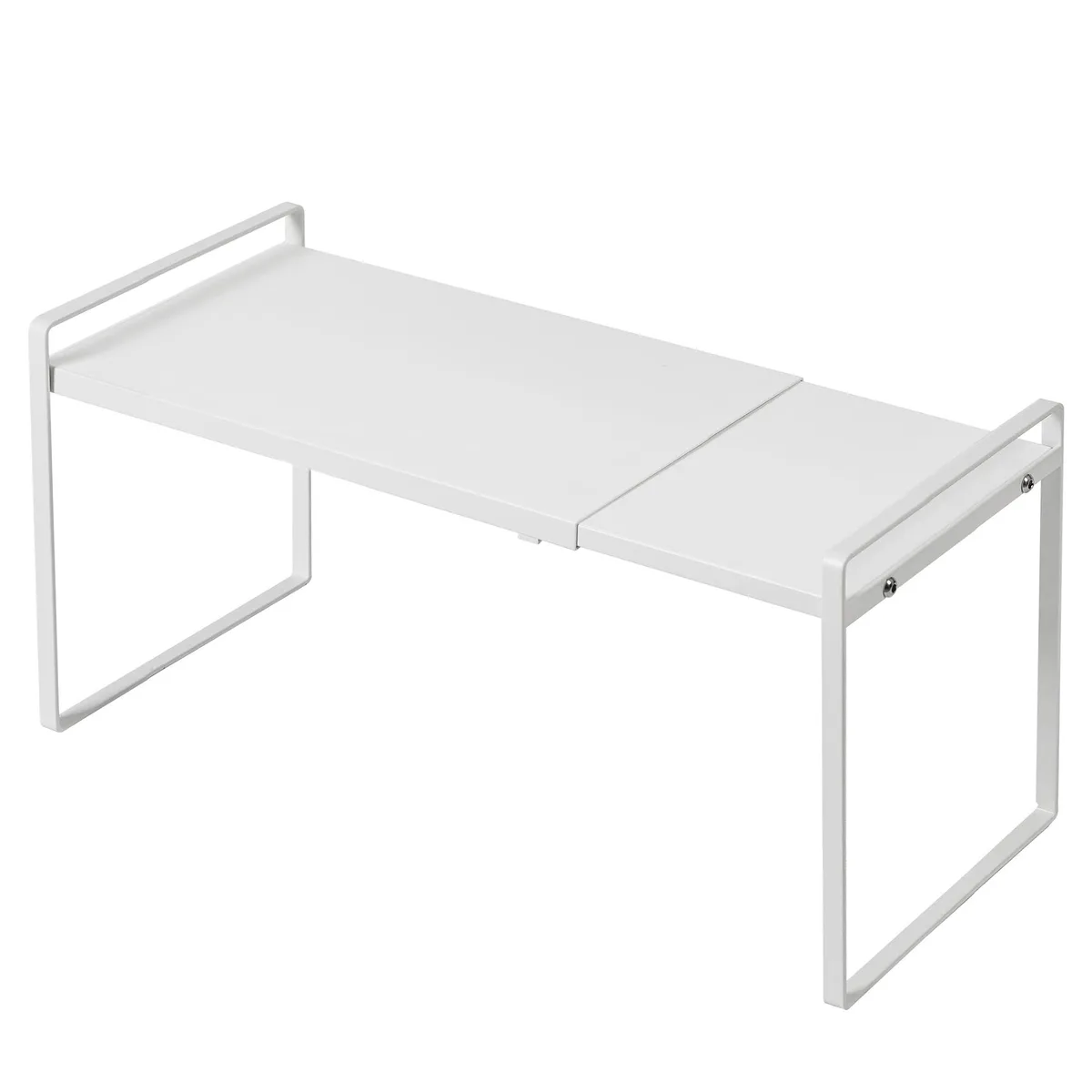 White expandable metal shelf riser, two tiers, 8.6 inch depth, adjusts 13.4 to 24.5 inches