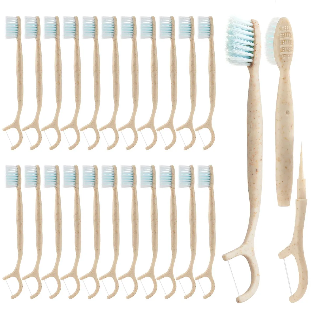 White biodegradable travel toothbrush with floss pick and tongue scraper, individually wrapped, 40 pack