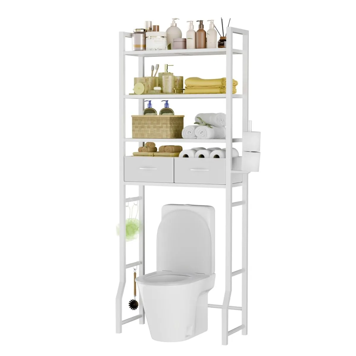 White four-tier metal shelving unit with two drawers and hooks, freestanding over toilet
