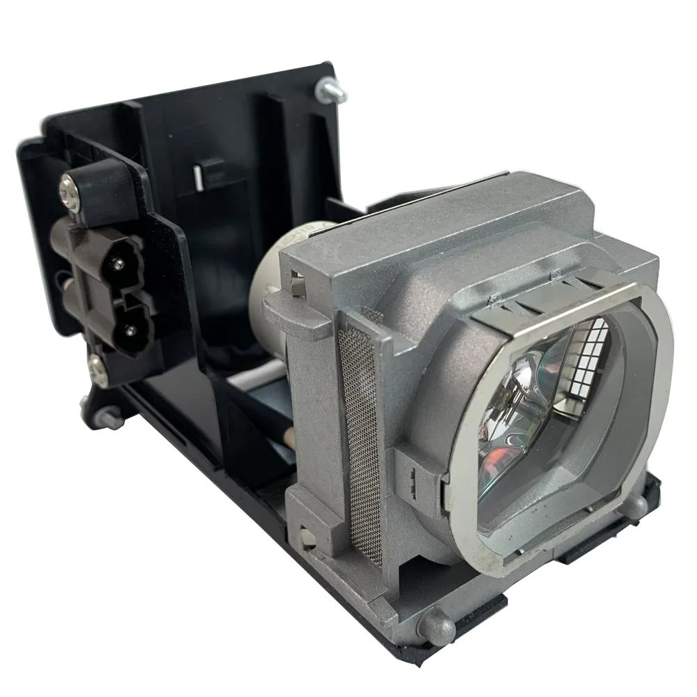 Projector lamp module in black housing with clear bulb visible