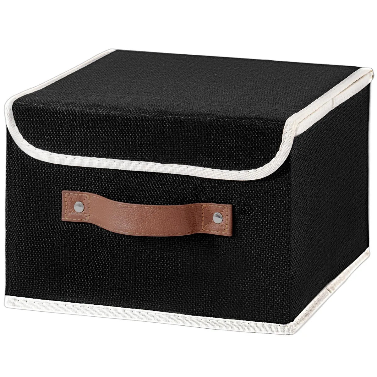 Black fabric storage bin with lid and faux leather handles, collapsible cube shape