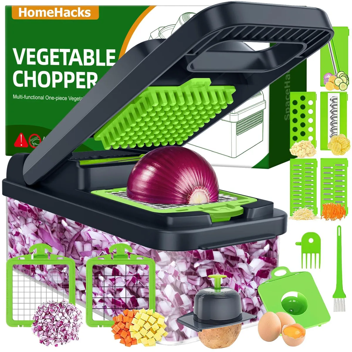 Green rectangular vegetable chopper with handle lid and interchangeable stainless steel blades