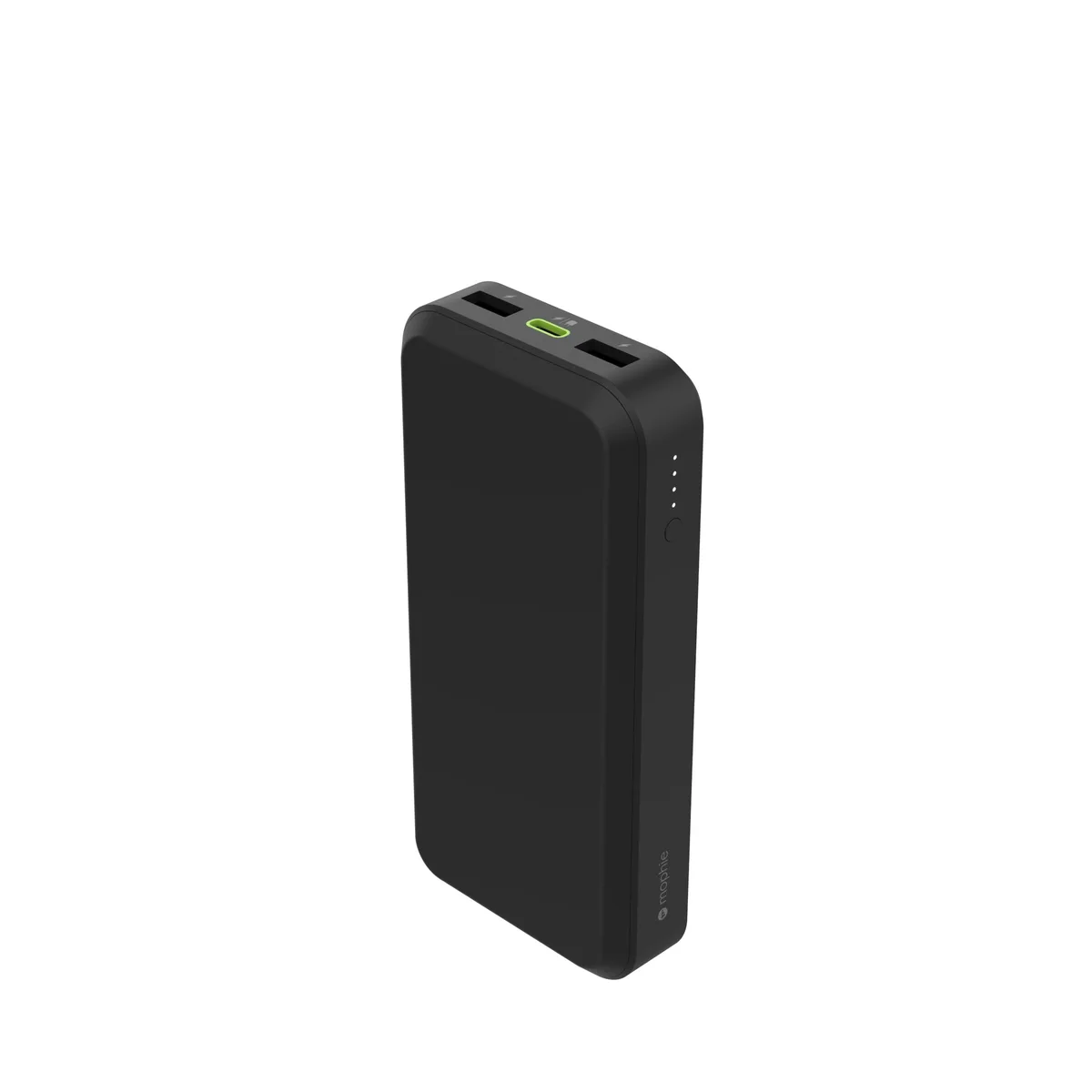 Black rectangular power bank with rounded edges, USB-C and two USB-A ports visible