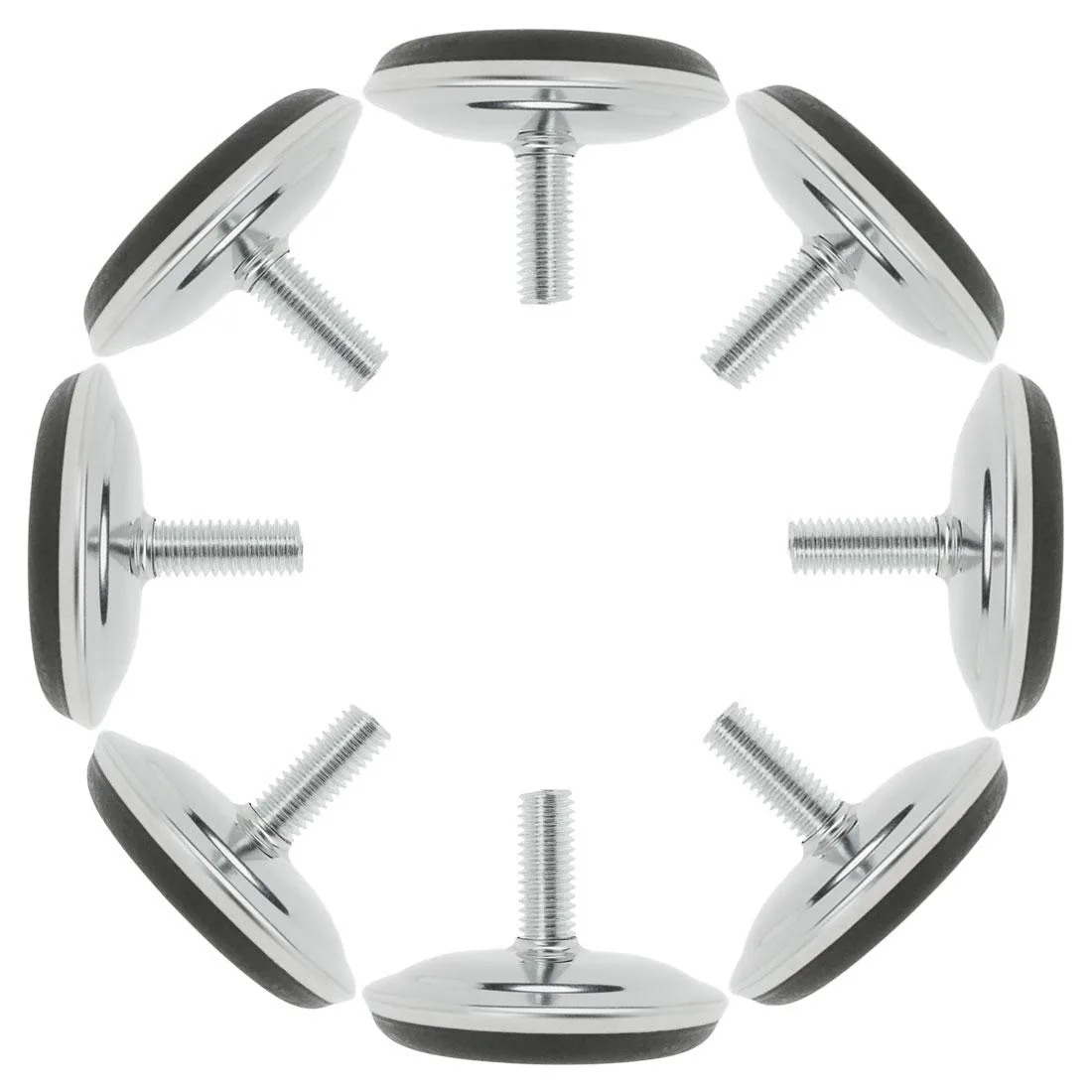 Eight M8 threaded leveling feet with 20mm base and 50mm stem, plastic pads, silver metal finish
