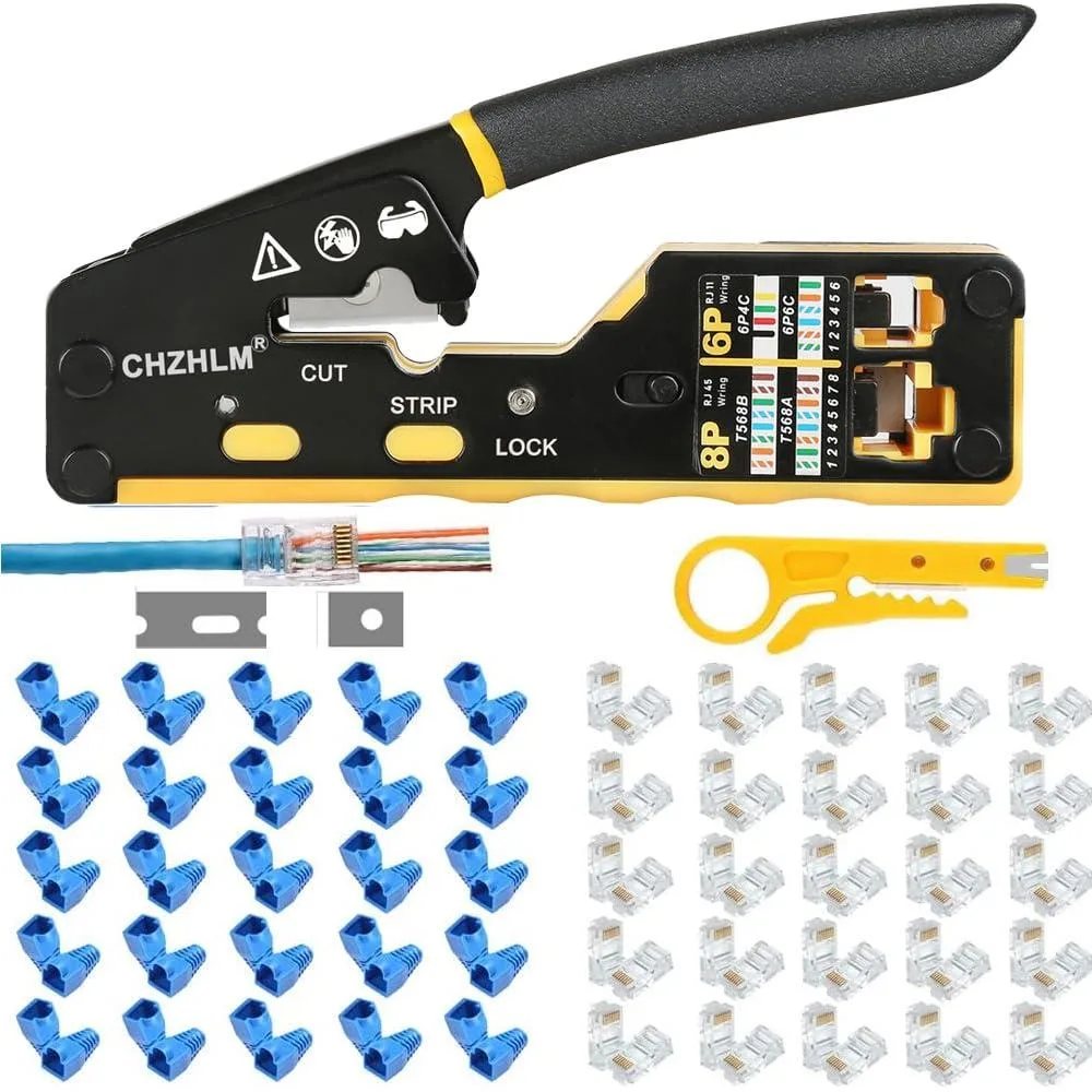 KEHIPI KEHIPI RJ45 Crimp Tool Kit Pass Through Mini Yellow 50 Connectors 50 Covers — product photo