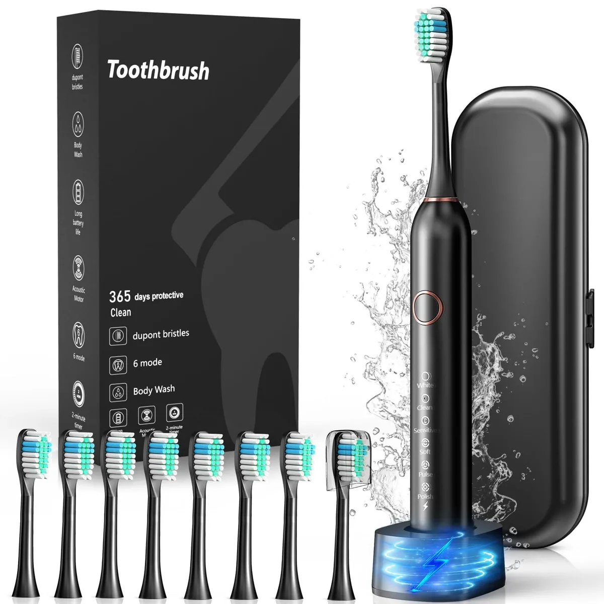White electric toothbrush with travel case and brush heads