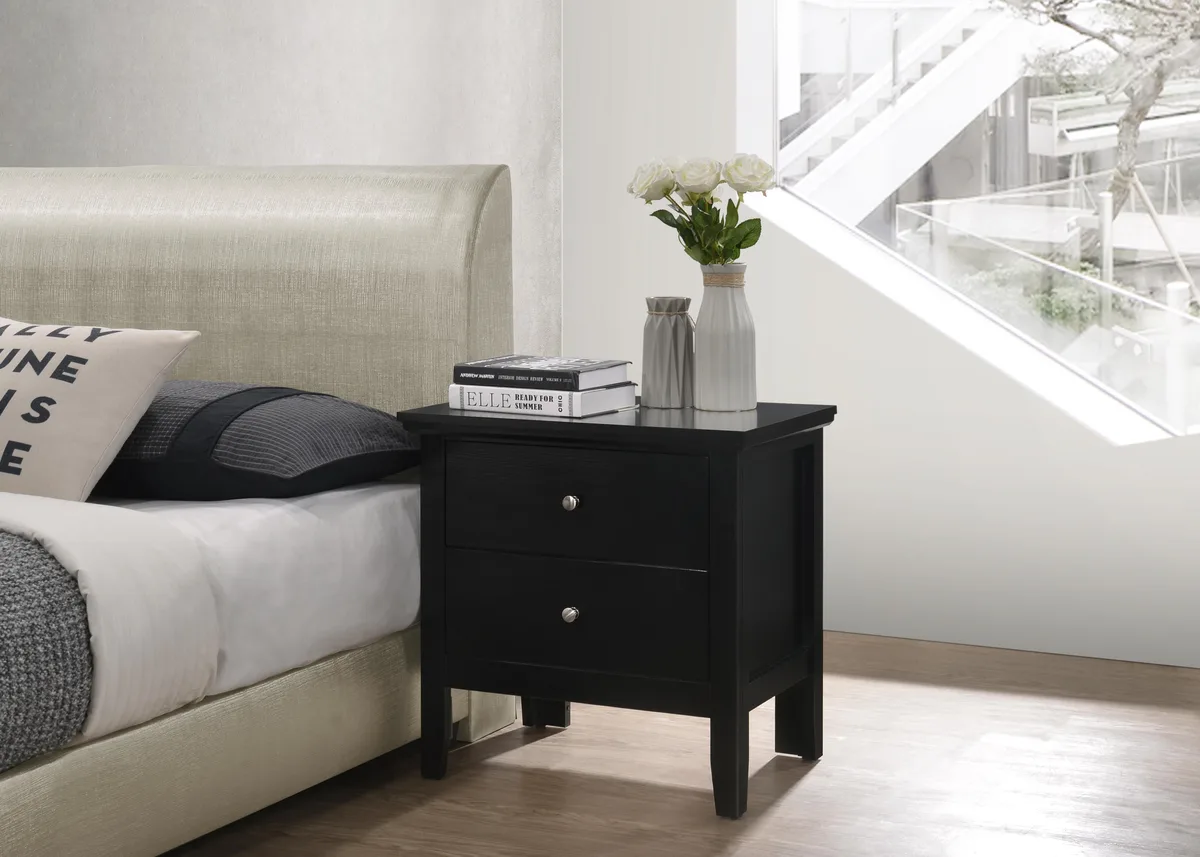 Black rectangular nightstand with two front drawers, matte finish, cube shape