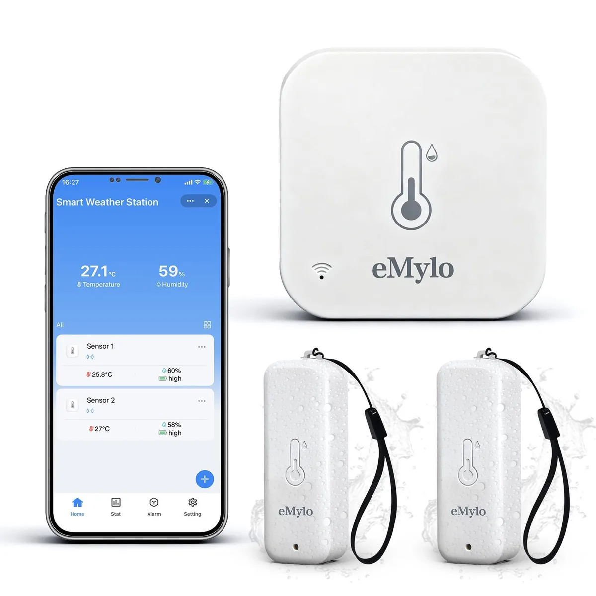 Three black rectangular sensors with white displays and a matching gateway unit
