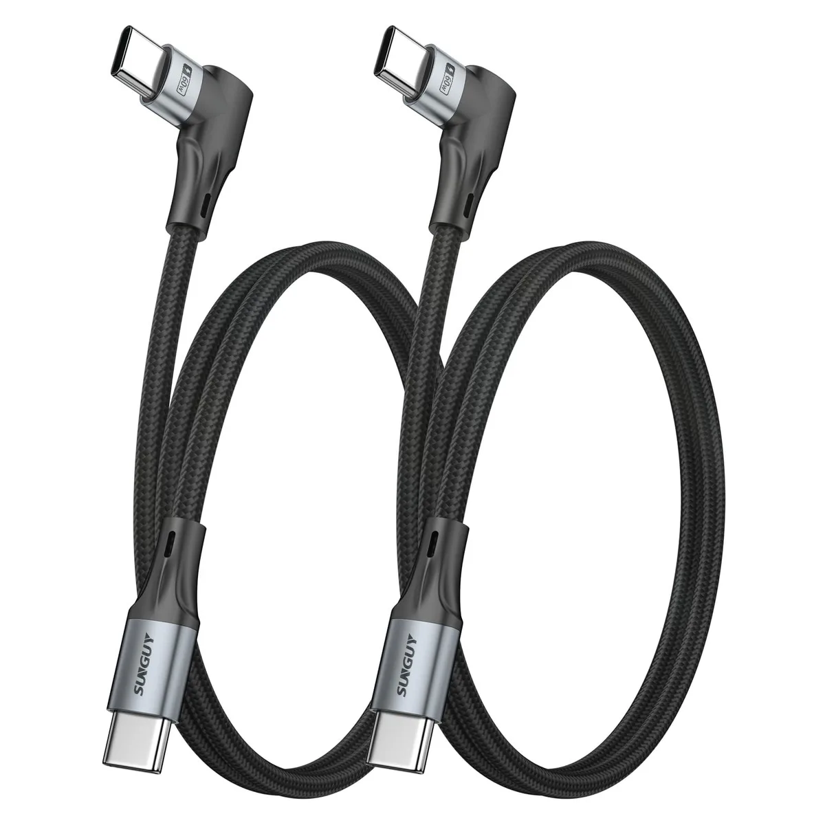  SUNGUY Right Angle USB C to USB C Cable 2ft 2-Pack Grey 60W 480Mbps — product photo