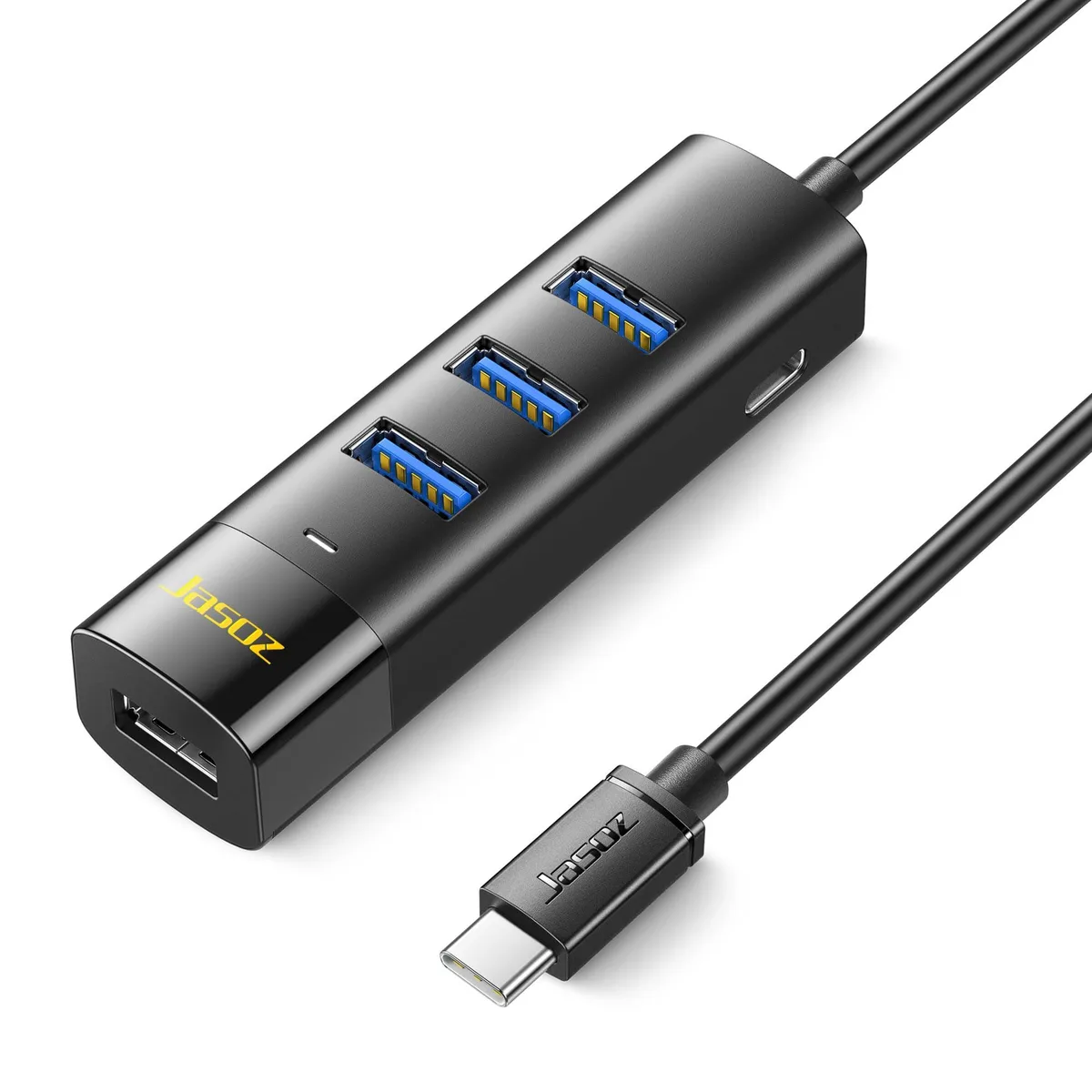 Black Anker USB 3.0 hub with four ports and a three-foot cable
