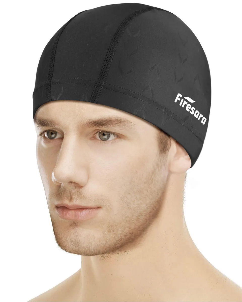 Black fabric swim cap with fishtail pattern, medium size