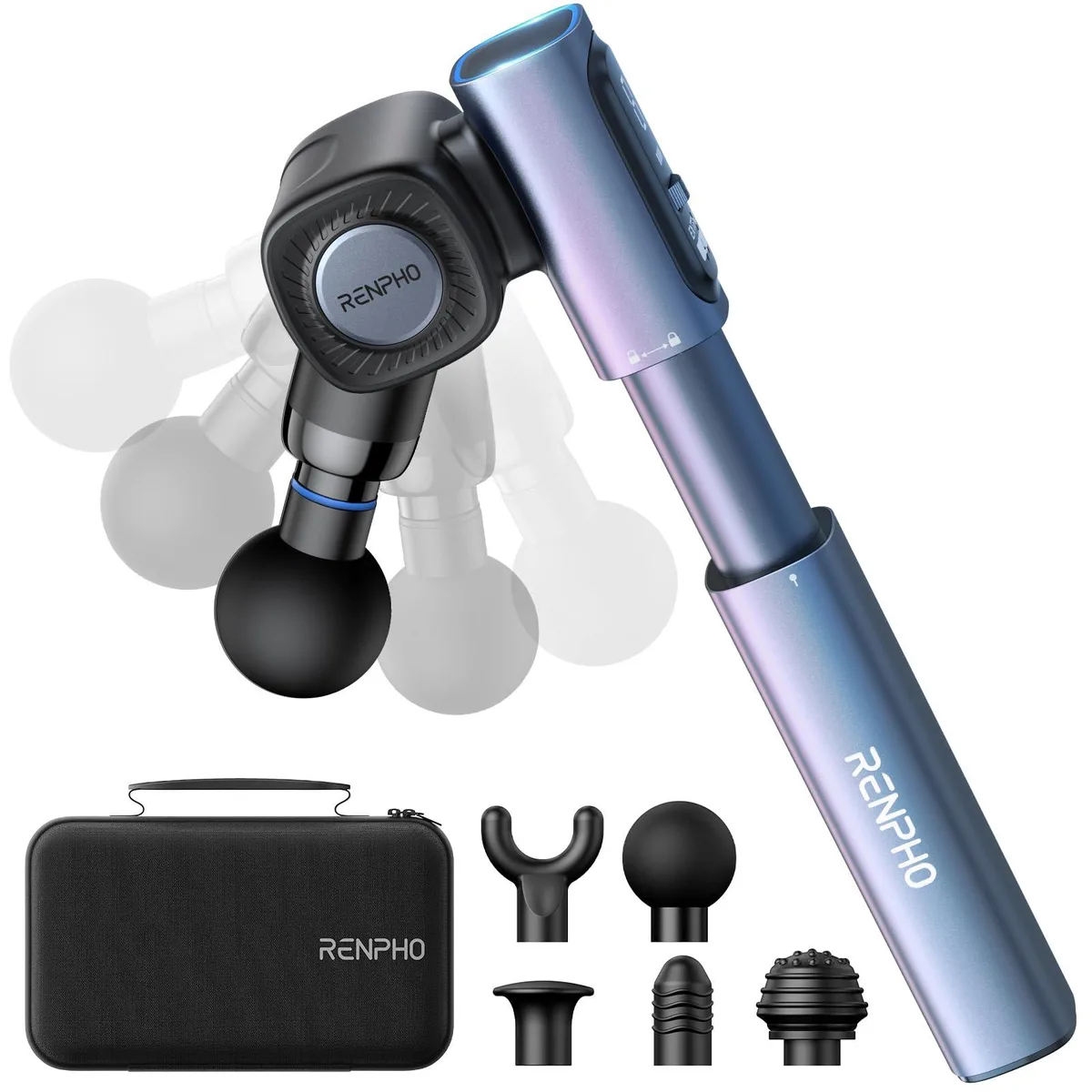Blue foldable massage gun with extendable handle and pivoting head
