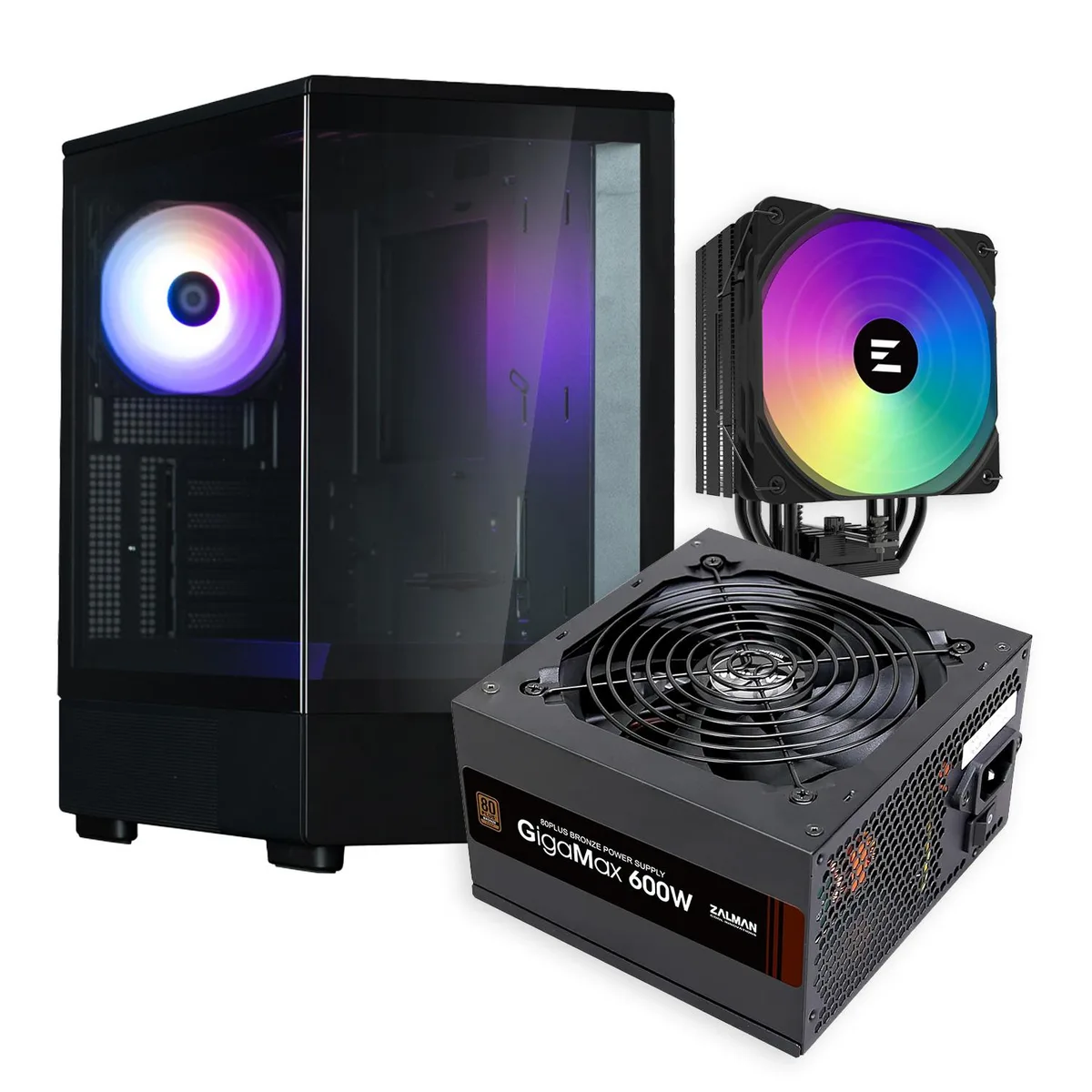 Zalman Zalman P10 Black Micro-ATX Panoramic Case + 9X Performa Plus ARGB 180W Cooler + Gigamax 600W 80+ Bronze PSU — product photo
