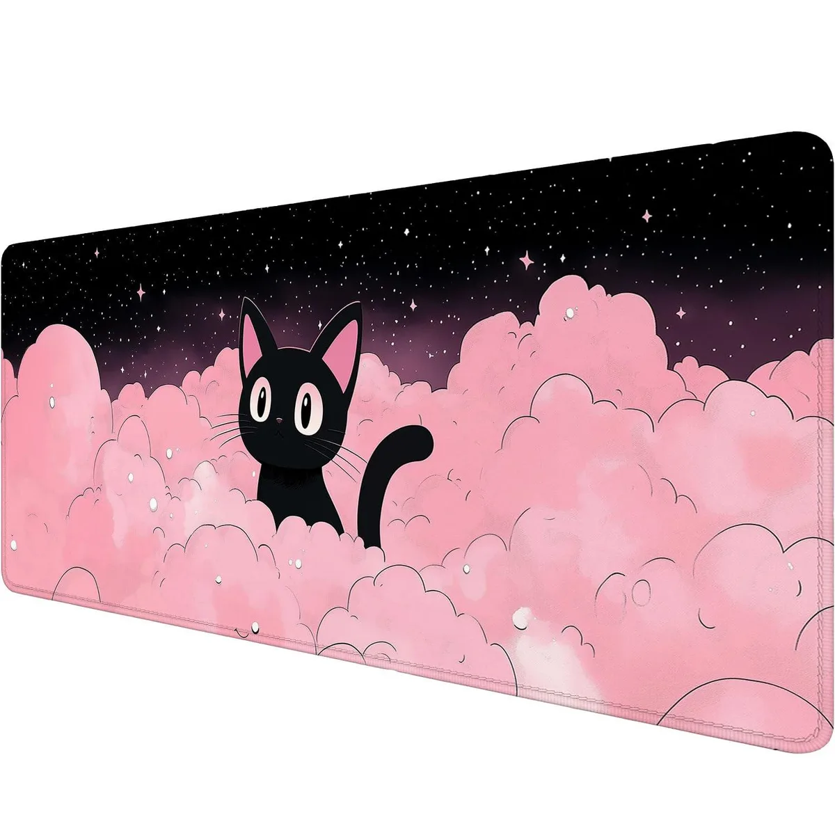 Rectangular black mouse pad with cute cat and pink cloud artwork, stitched edges, 31.5 by 11.8 inches